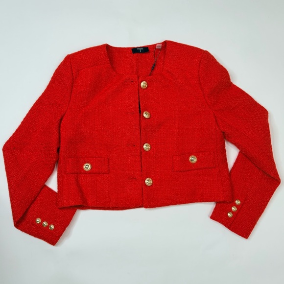 Cropped Red Blazer Boucle Crop Short Jacket Chic Ruby Rose Tweed Suit Notch Crew - Picture 4 of 17